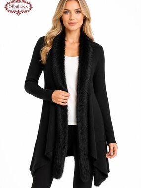 K4 Kate & Sam NWT Black Faux Fur Trim Waterfall Cardigan Size Large